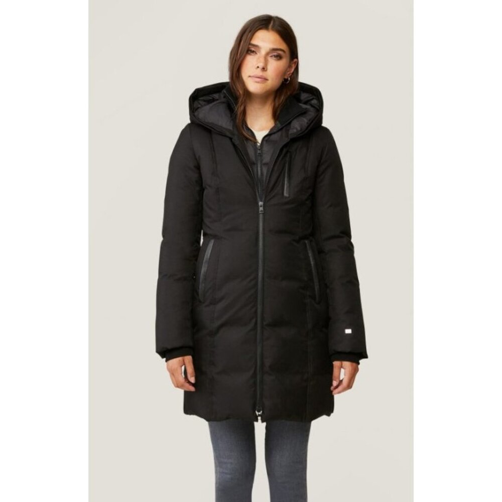 Soia & Kyo Christy Black Brushed Down Black Puffer Coat W/ Leather Trim, Size L